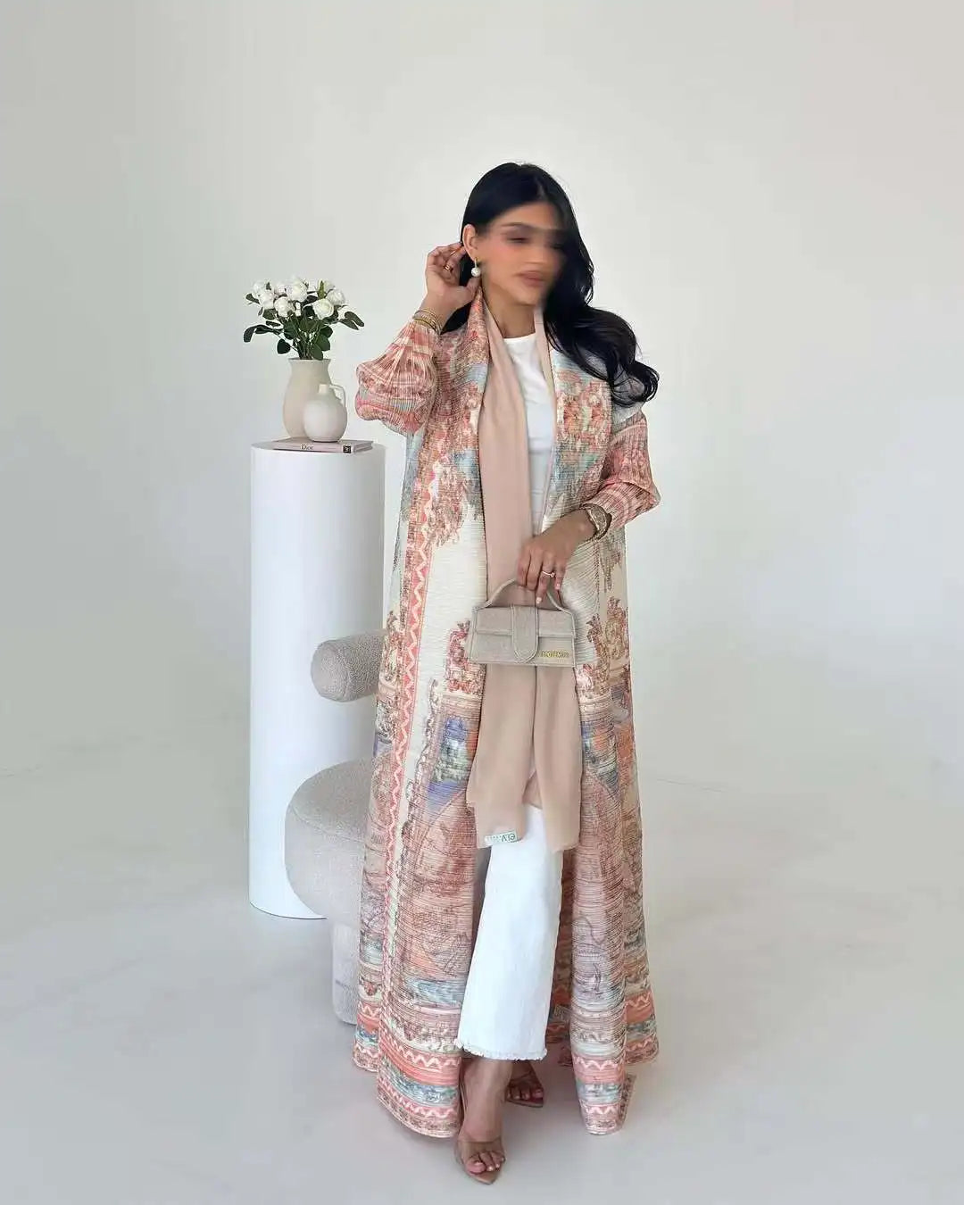 Fold Elegant Vintage Print Open Front  Miyake Abaya, Lightweight Flowy Loose Fit Women's Modest Fashion Long Kimono Cardigan - Matrix-studios.com