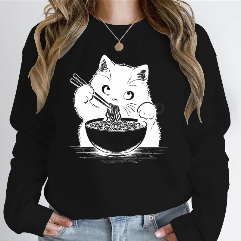 Cat Lover Kawaii Cartoon Sweatshirt Cat Eating Ramen Print Women Fashion Casual Hoodies Japanese Noodle Cats Retro Women Sweater - Matrix Studios