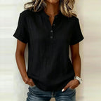 Elegant Women Blouse Shirt V Neck Button Patchwork Short Sleeve Shirts For Women Summer Striped Loose Tee Women Casual T-shirts - Matrix-studios.com
