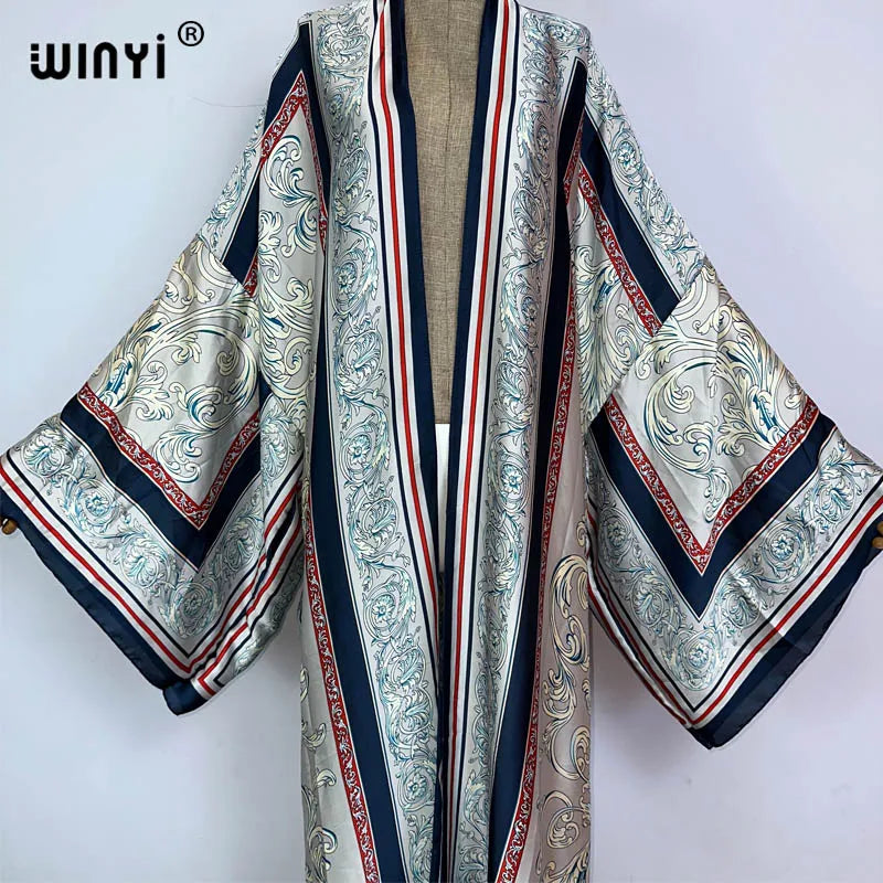 WINYI Kimono Africa Summer Boho Print Bikini Cover-up Elegant Fashion Cardigan Sexy Holiday Long Sleeve Silk Feeling Maxi Dress - Matrix Studios
