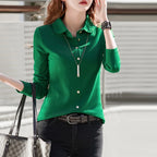 Pure cotton polo collar long sleeved t-shirt women's loose spring/summer new slimming and versatile fashion polo collar top - Matrix-studios.com