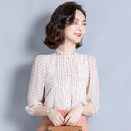 Women Spring Autumn Style Chiffon Blouses Shirts Lady Casual Long Sleeve O-Neck Polka Dot Printed Chiffon Blusas Tops DD8879 - Matrix-studios.com