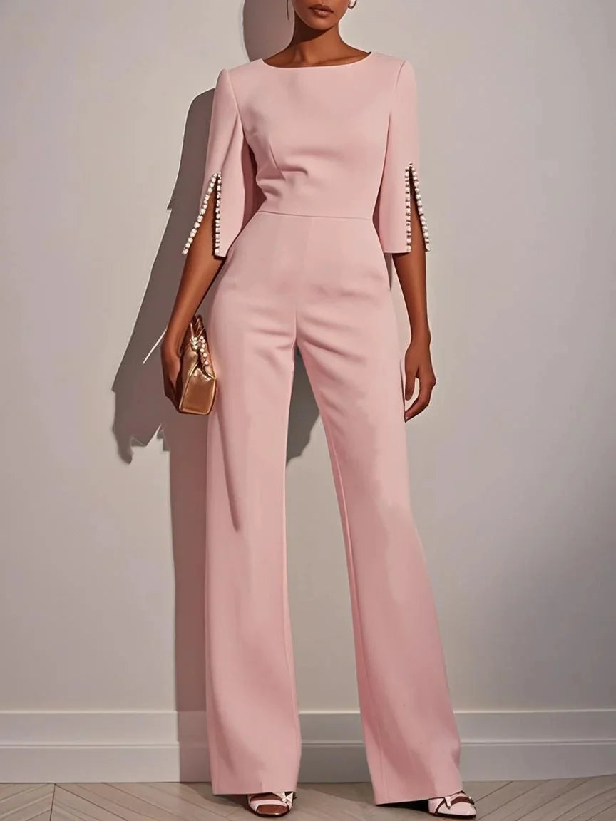 Women's Jumpsuit Casual Solid Color 3/4 Length Sleeve Straight Round Neck Beaded High Waist Daily Going out Regular Fit Black Wh - Matrix Studios
