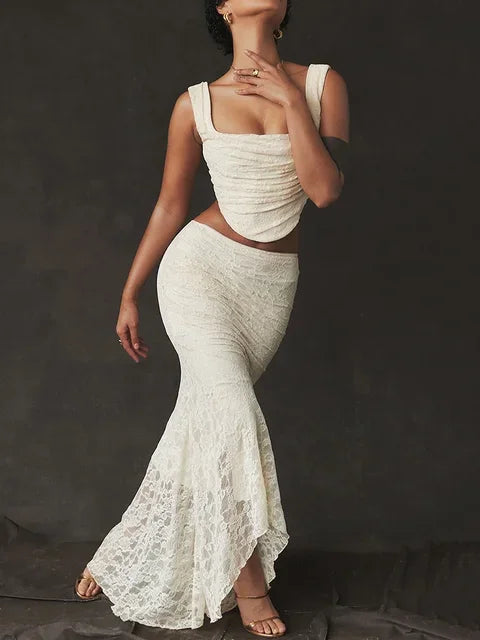 Lace Bandage 2 Piece-Set Long Skirt Female Patchwork Fashion Backless High Waist Elegant Lace-Up Maxi Skirt Sets Outfits - Matrix-studios.com
