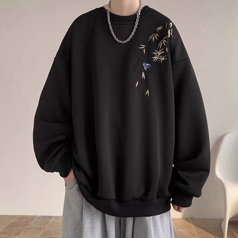 New Chinese Bird Print M-8XL Men Oversized Sweatshirt Fashion Loose Long Sleeve Couple Clothes - Matrix Studios