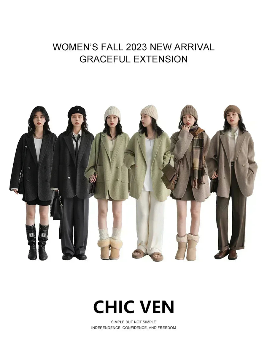 CHIC VEN Women's Woolen Coats Loose Casual Double Breasted Retro Double-sided Jacket Office Lady Outerwear Autumn Winter 2026 - Matrix-studios.com