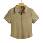 Summer New Polo Neck Button Short High Waist T-shirt Slim Fit Short Sleeve Solid Color Cotton Women's Top - Matrix-studios.com