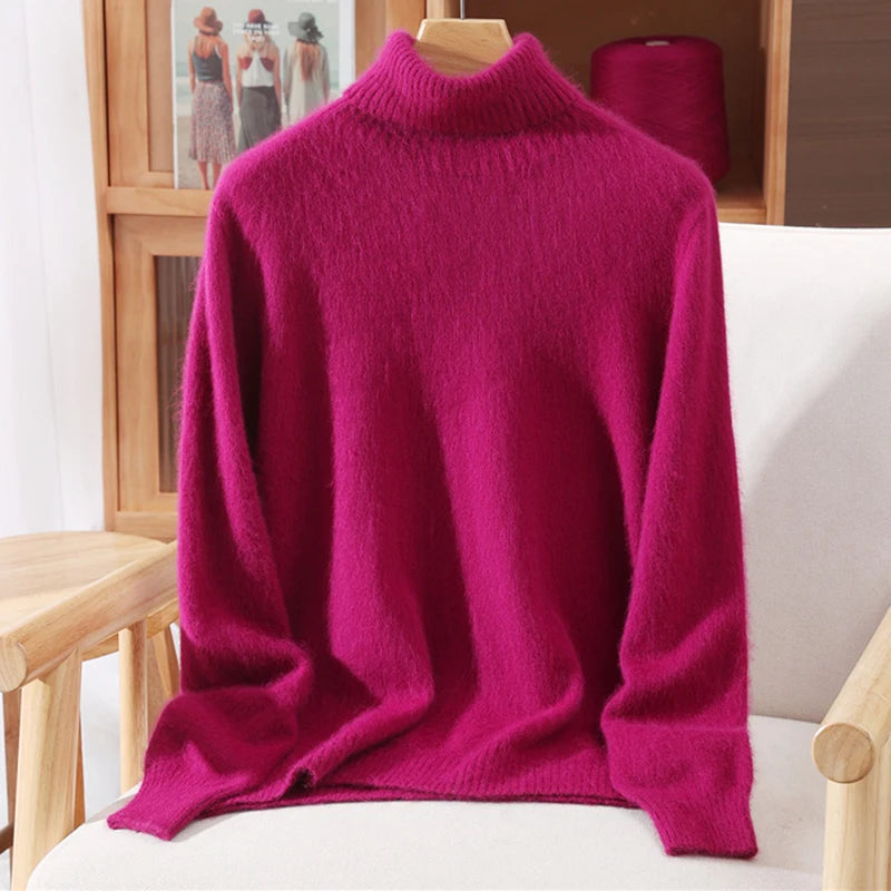 Autumn And Winter New 100% Mink Cashmere Sweater Ladies' High Lapel Solid Color Padded Pullover Wool Knitted Bottoming Shirt - Matrix Studios