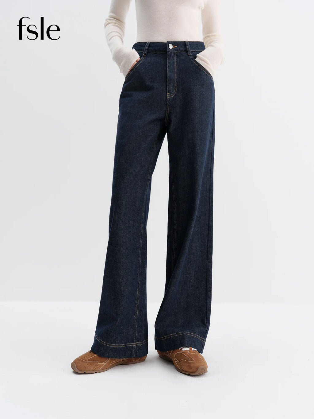FSLE Straight High Waist Jeans for Women Winter Solid Simple All-match 2025 New Long and Short Versatile Pants Korean Style - Matrix-studios.com