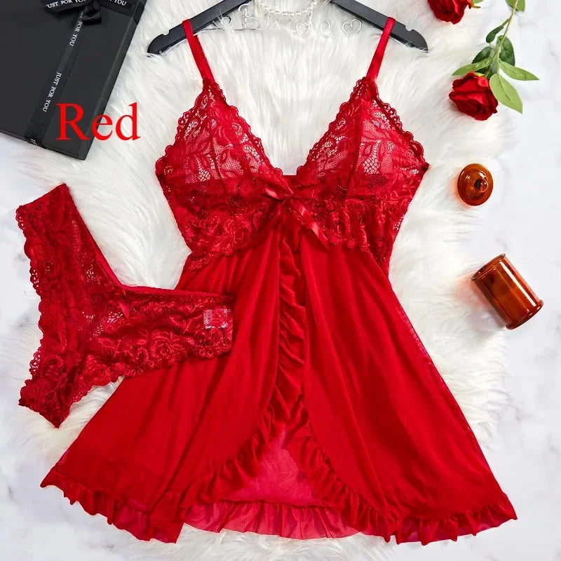 Sexy Lingerie Set Women Erotic Bra Nightdress Sexy Lace Sleepwear Solid Slim Soft Dresses V Neck Full Slip Sleepwear & Dresses - Matrix-studios.com