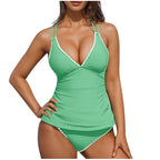 Women Tankini Swimsuit Color Block Tummy Control V Neck Push Up Top High Waisted Swim Bottom 2026 Summer Two Piece Bathing Suit - Matrix-studios.com