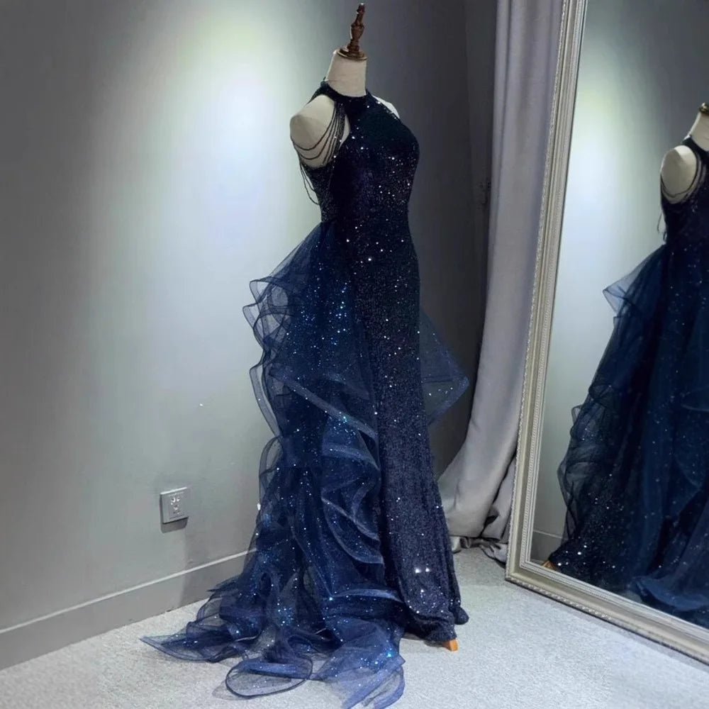 Elegant Sparking Navy Blue Evening Dresses Halt Beading Party Gown Customized Prom Dress 2025 Tiered robes de soirée Sweep Train - Matrix Studios