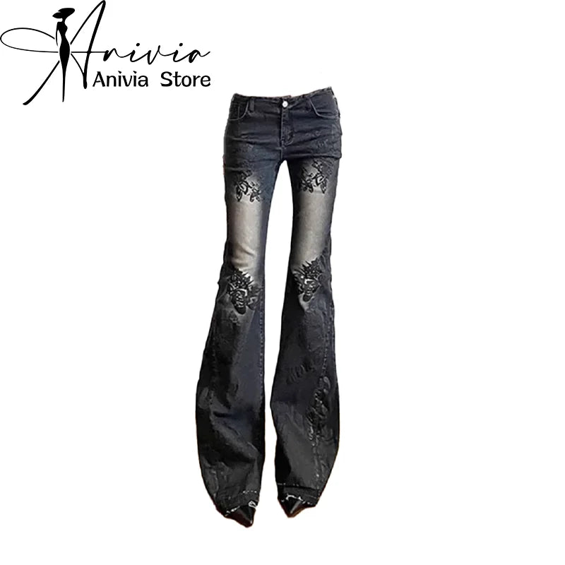 Women Gothic Y2k Flare Jeans Harajuku Baggy Denim Trousers 90s Aesthetic Low Waist Jean Pants Vintage 2000s Trashy Clothes 2024 - Matrix-studios.com