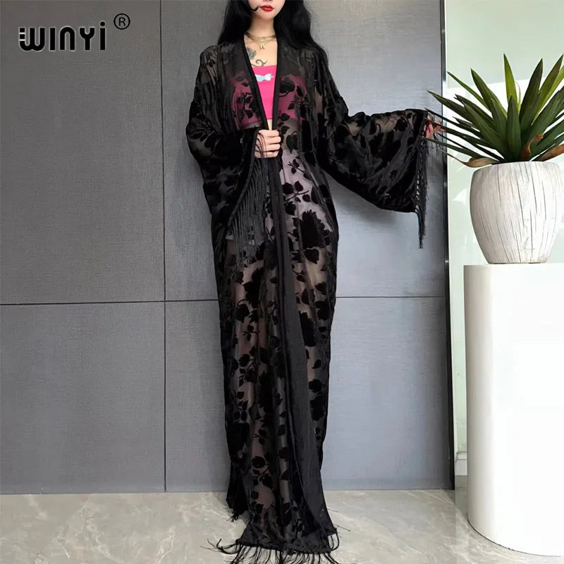WINYI Middle East Coat Muslim Fashion Kaftan kimono maxi Robes Streetwear Open Abaya Perspective elegant dress beach cover up - Matrix Studios