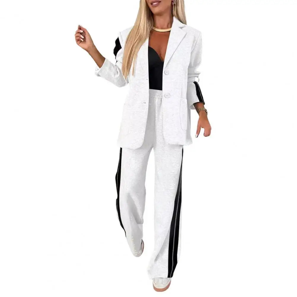 2 Pcs/Set Lady Formal Coat Pants Set Turn-down Collar Single-breasted Long Sleeves Jacket Loose Striped Wide Leg Trousers Casual - Matrix-studios.com