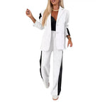 2 Pcs/Set Lady Formal Coat Pants Set Turn-down Collar Single-breasted Long Sleeves Jacket Loose Striped Wide Leg Trousers Casual - Matrix-studios.com
