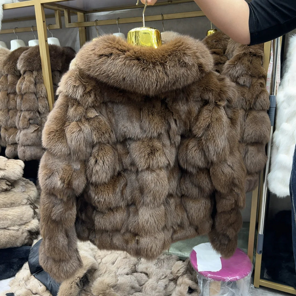 HUA QIU MEI SI Women's Natural Fox Fur Jacket with Fox Collar for Winter Warmth, Short Style Real Fox Fur Leather Jacket - Matrix Studios