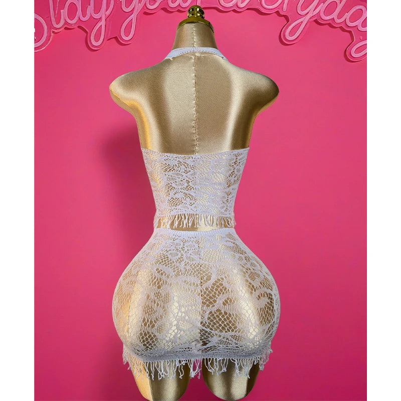 1 Set  Sexy Women Fishnet Cover Ups Hollow Out Bodycon Women's Swimwear See through Tassel Dress without Bikini Beachwear DS041 - Matrix Studios