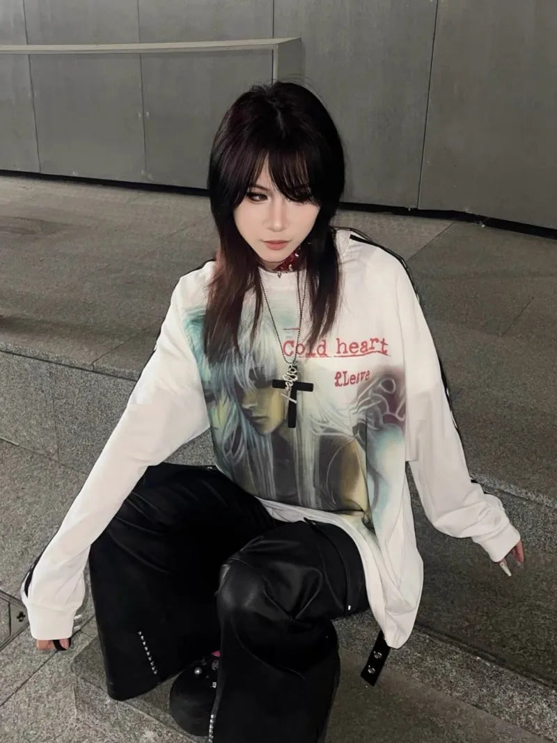 Y2k Aesthetic Gothic Anime Cartoon Print Vintage T-shirt Hiphop Patchwork Streetwear Tops Harajuku Drop Shoulder Casual Tshirts