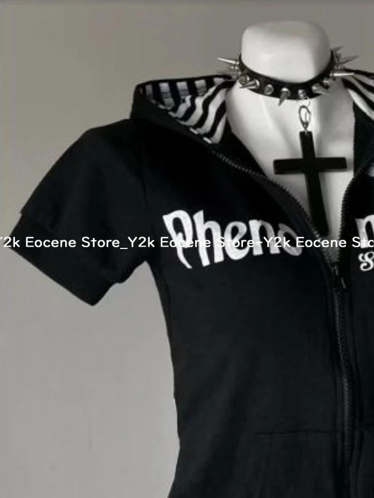 Y2K Subculture Skull Print Zip Cardigan Short Sleeve Women Japan Slim Fit Striped Hoodie Casual Tops Fashion Streetwear Clothes - Matrix Studios
