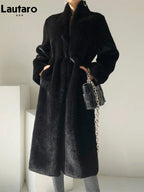 Lautaro Winter Long Black Luxury Elegant Stylish Thick Warm Fluffy Hairy Soft Faux Mink Fur Coat Women Stand Collar Sashes 2023 - Matrix Studios
