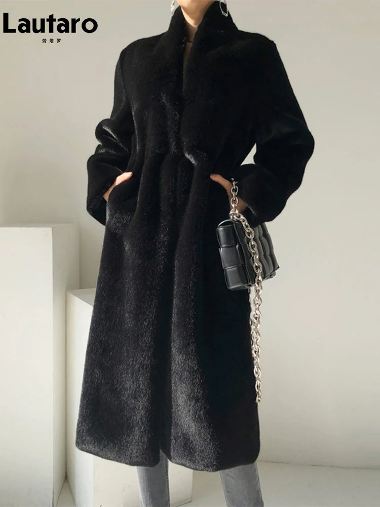 Lautaro Winter Long Black Luxury Elegant Stylish Thick Warm Fluffy Hairy Soft Faux Mink Fur Coat Women Stand Collar Sashes 2023 - Matrix Studios