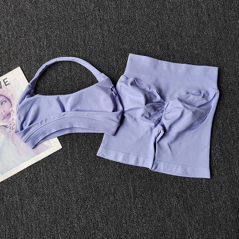 2PCs Peach High Waist Belly Hip Lifting Sports Bras Shorts Suit Gathering Shock-proof Neck Halter Yoga Suit Running Fitness Set - Matrix-studios.com