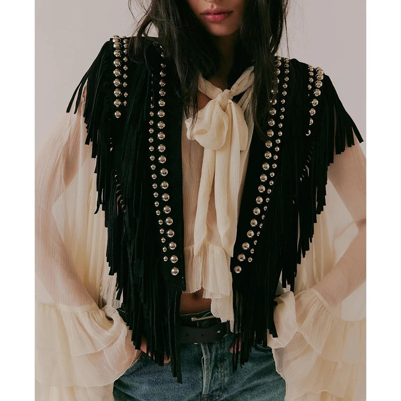 Combhasaki Women's Y2k Vintage Studded Suede Vest Coat 70s Hippie Outfits Sleeveless Open Front Tassel Patchwork Vest Collar - Matrix Studios