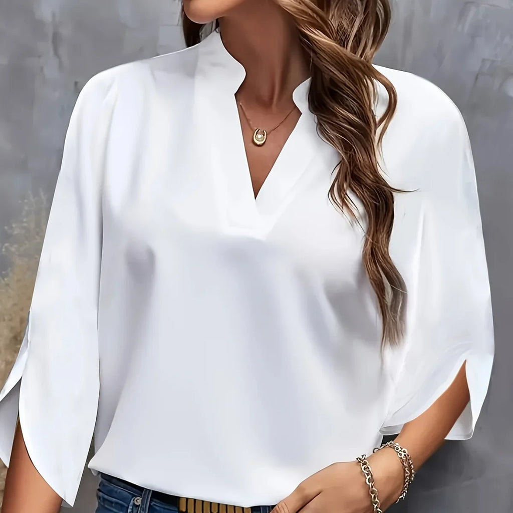 Plus Size Shirts New V-neck Summer Elegant Women's Blouses Solid Color Loose Short Sleeve Casual White Office Lady Tops Clothing - Matrix-studios.com