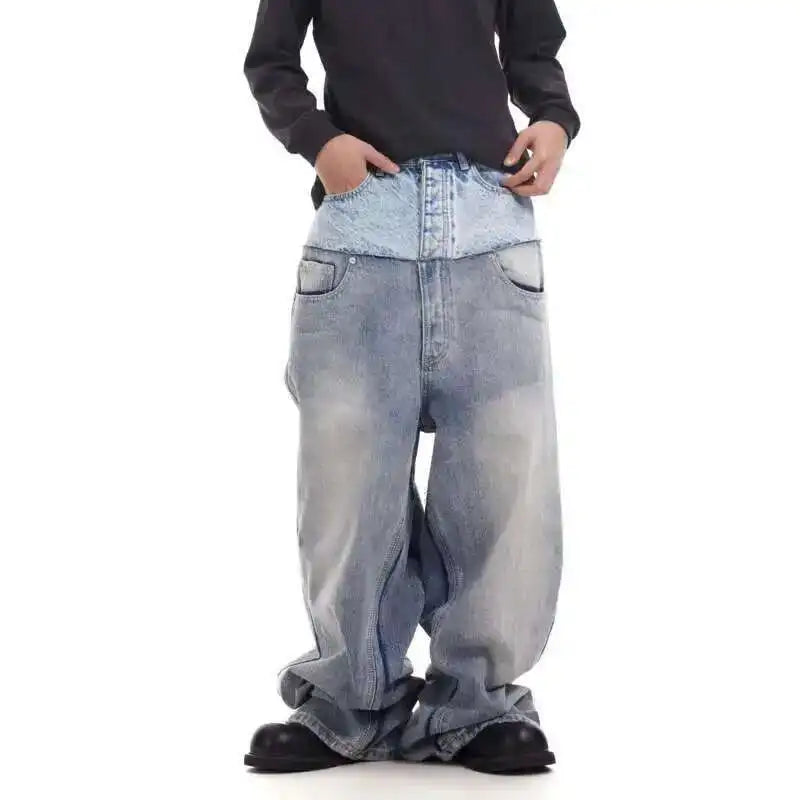 PFNW Niche Colorblock Patchwork Wide Leg Blue Jeans Men's Spring 2025 New Straight Double Waist Design Denim Trousers 28W6048 - Matrix Studios