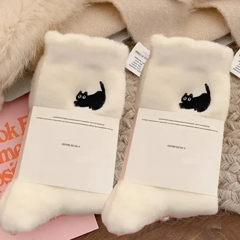 3Pairs Premium Feel Cute Cat Cozy Hairy Mink Velvet Socks Autumn Winter Hosiery Thickened Plush Warm Sleep Home Fluffy Socks - Matrix Studios