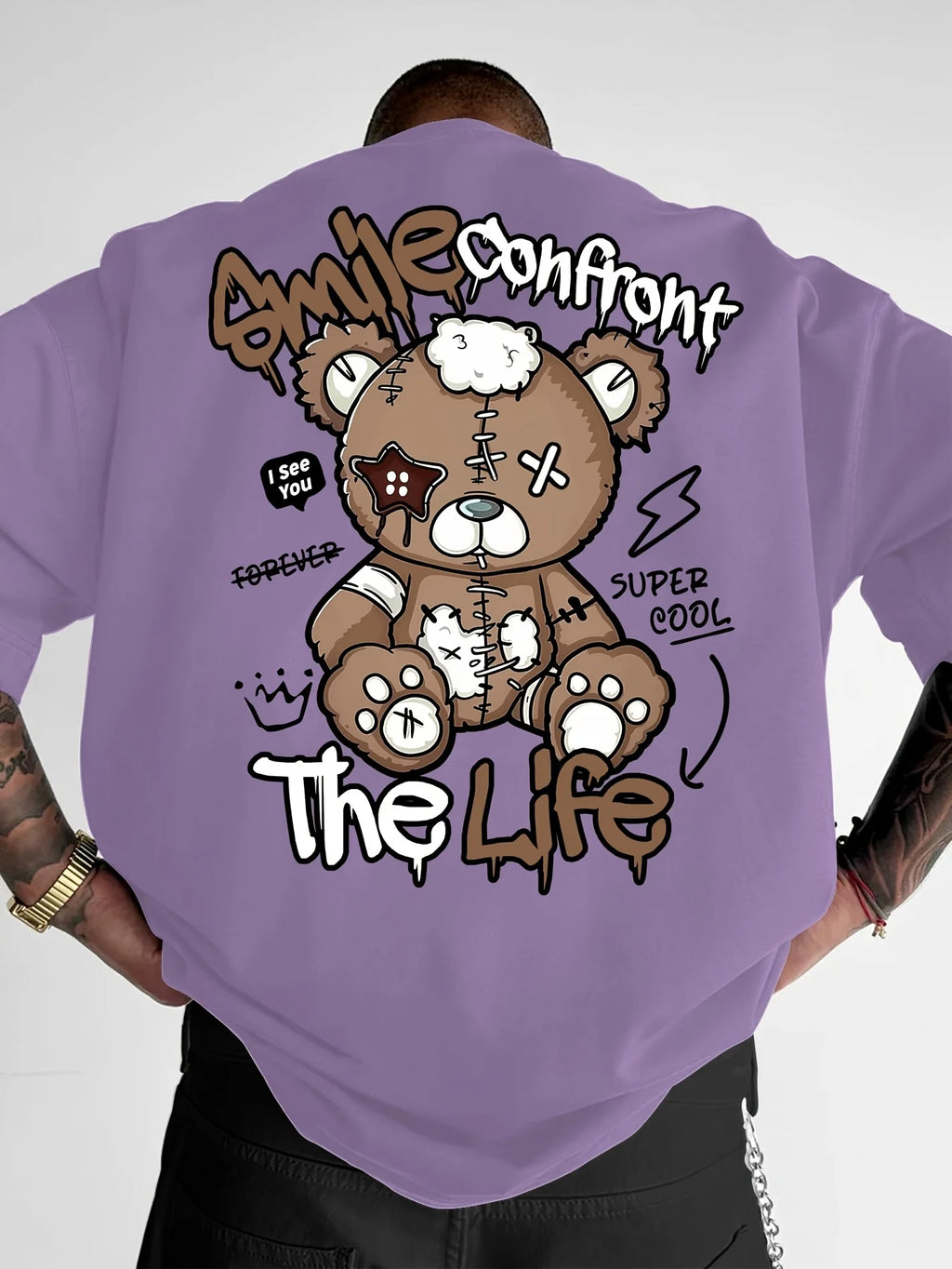 Summer New Men's Fashion Style Teddy Bear Letter Print Comfortable and Breathable Round Neck T-Shirt Outdoor High Street Top - Matrix Studios