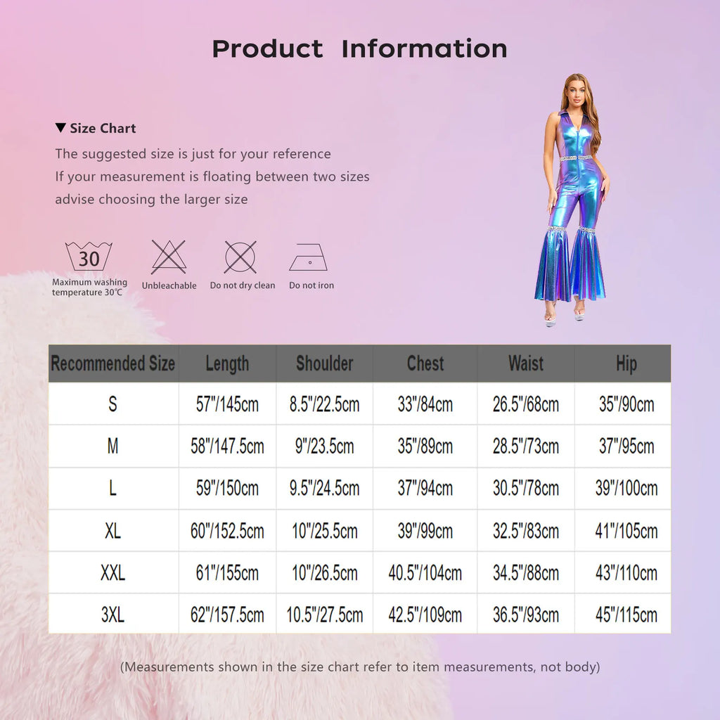 Adult Womens 70s Disco Rompers Lapel V Neck Sleeveless Front Zipper Sequins Bell Bottom Long Pants Jumpsuit Retro Jazz Dancewear - Matrix Studios