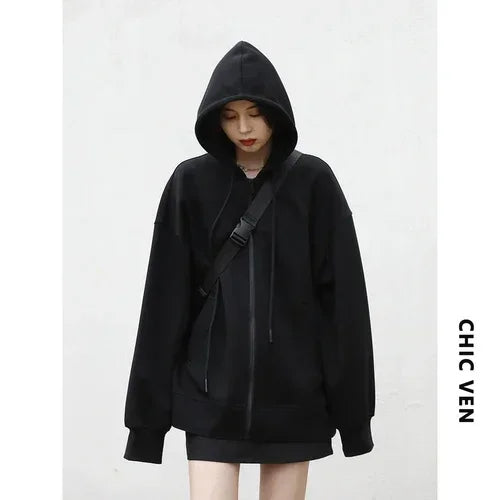 CHIC VEN Women Sweatshirts Hoodies Solid Loose Casual Hooded Female Tops Lady Coat Medium Length Overcoat Spring Autumn 2025 - Matrix Studios