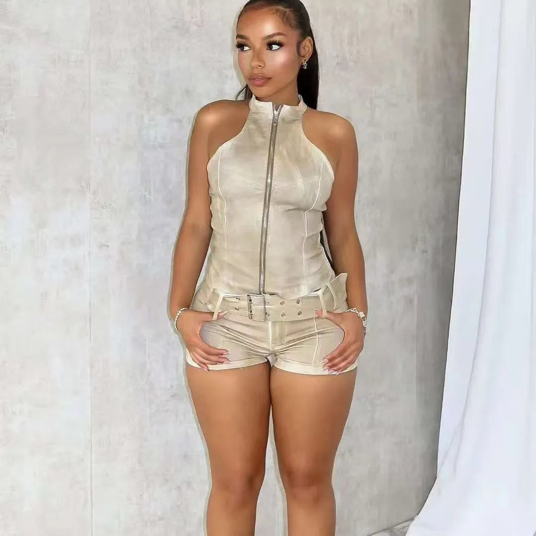 Women Two Pieces Short Sets Solid Matching Set Zipper Sleeveless Coat Mini Lenth Pants Skinny Slim Streetwear Casual 2025 Summer - Matrix-studios.com