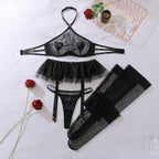 New Fashion Mesh See Through Halter Neck Lingerie Set Women Sexy Perspective Three-point Style with Stockings Shaping Split Set - Matrix-studios.com