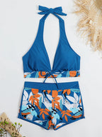 15 Colors Swimwear Women Two-Piece Suit Patchwork Halter Bikini Top With High Waisted Boxer Bottom College Sporty Surfing Suit - Matrix-studios.com