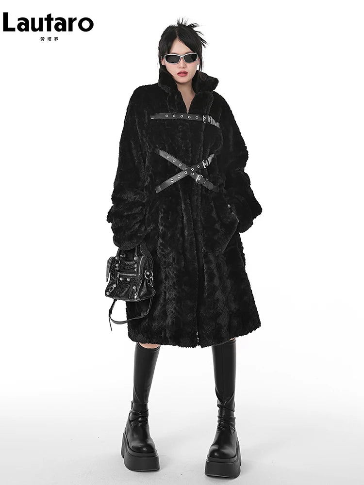 Lautaro Winter Cool Long Loose Casual Soft Thick Warm Black Fuzzy Faux Fur Coat Women Stand Collar Punk Style Fluffy Jacket 2023 - Matrix Studios