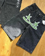 On Air Shorts Men Casual Baggy Jeans Short Y2k Retro Blue Pocket Embroidery Wide Leg Denim Jorts Hip Hop Skateboard Streetwear