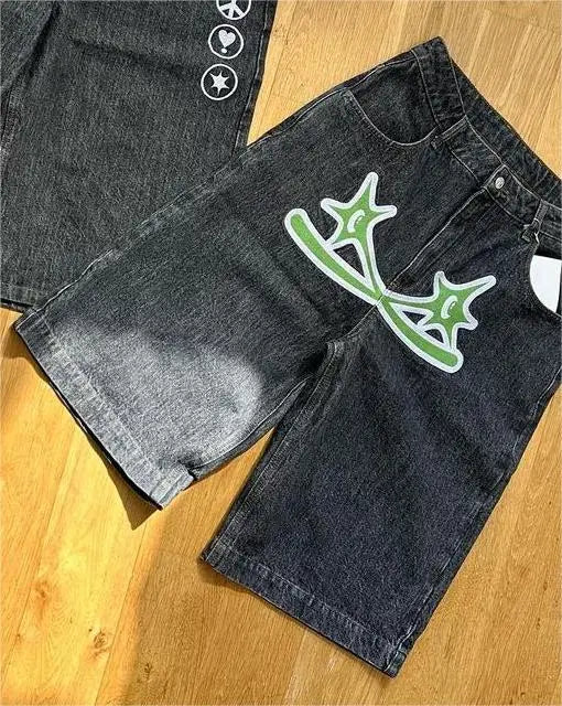 On Air Shorts Men Casual Baggy Jeans Short Y2k Retro Blue Pocket Embroidery Wide Leg Denim Jorts Hip Hop Skateboard Streetwear