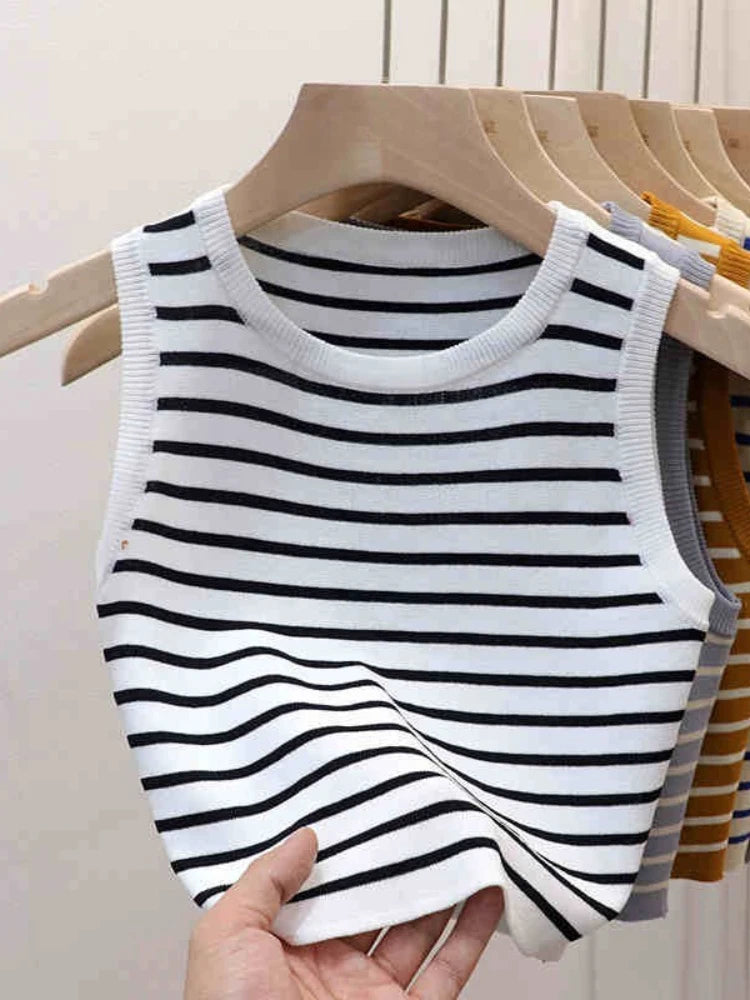 2026 Spring Summer New Sleeveless Ice Silk Knit Tank Top Striped O-Neck Women's Camisole Slim Fit Versatile Sexy Crop Tops - Matrix-studios.com