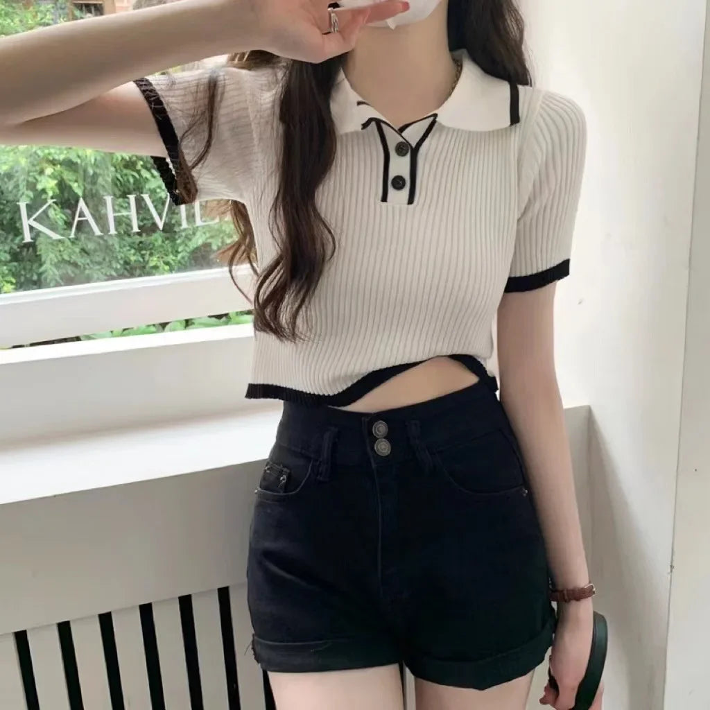 Contrast Color Polo Collar Shoulder Knitted Short Sleeves T-shirt Women's Summer Slim-Fitting Design Sense Niche Short Tops - Matrix-studios.com