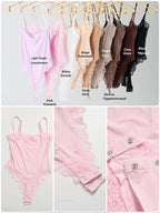VITALINOVO Women Square Neck Lace Trim Bodysuit High Cut Thong Spaghetti Strap Cami Bodysuit Double Layer Going Out Tank Tops - Matrix-studios.com