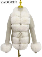 ZADORIN Autumn Winter Women Faux Fur Coat Luxury Knitted Sweater Fur Cardigan Detachable Collar White Pink Jacket Faux Fur Coats - Matrix Studios