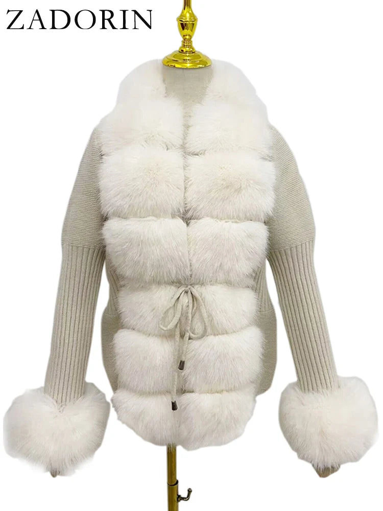 ZADORIN Autumn Winter Women Faux Fur Coat Luxury Knitted Sweater Fur Cardigan Detachable Collar White Pink Jacket Faux Fur Coats - Matrix Studios