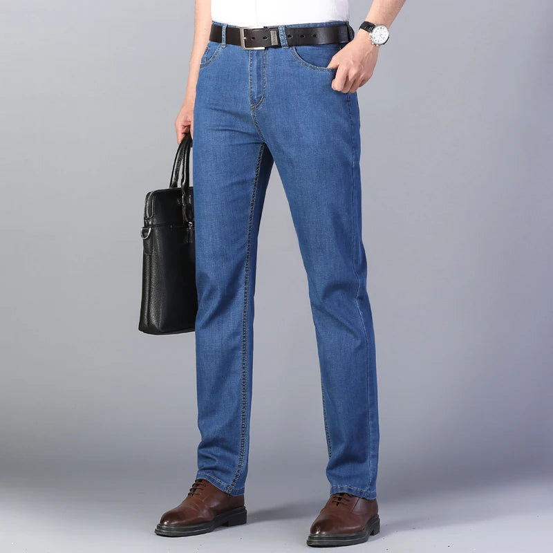 Summer New Elastic Men's Jeans Fashion Comfortable Business Straight Stretch Cotton Casual Denim Pants Brand Male Thin Trousers - Matrix Studios