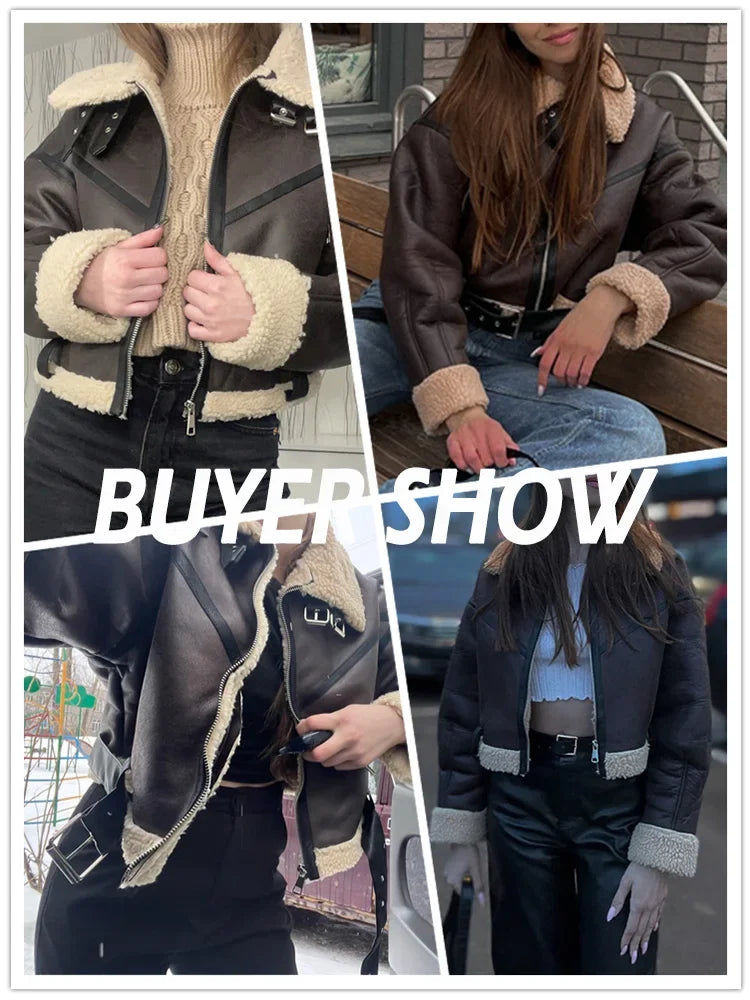 Ailegogo Winter Women Streetwear Faux Lamb Leather Fur Short Jacket with Belt Moto Biker Thick Warm Sheepskin Coat Outwear - Matrix Studios