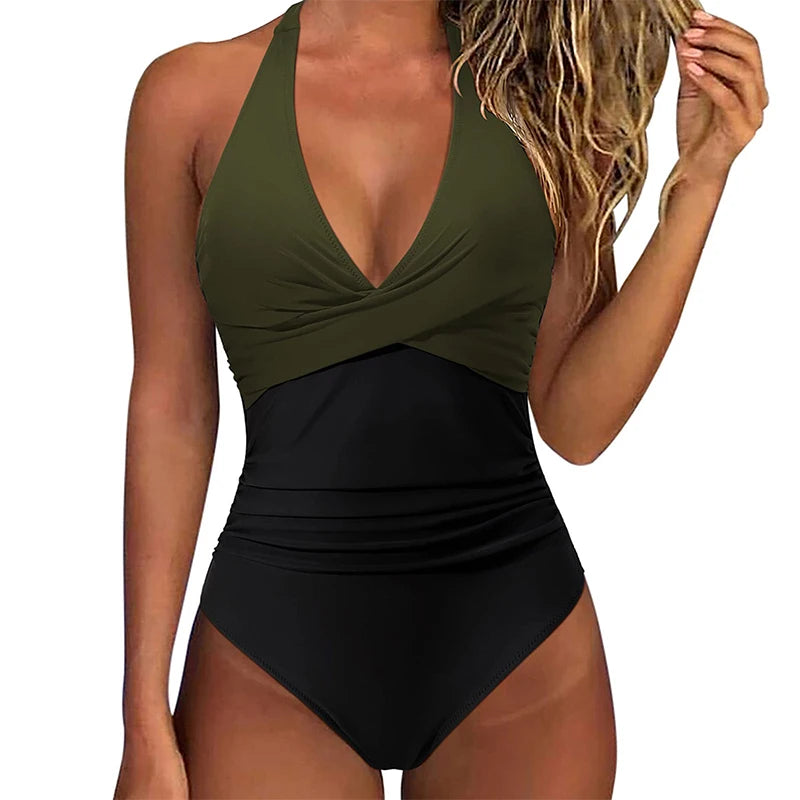 Leopard Print Wrinkled Halter V Neck One Piece Swimsuit Women Swimwear Monokini Backless Bathing Suit Swim Beachwear Bodysuit - Matrix Studios