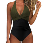 Leopard Print Wrinkled Halter V Neck One Piece Swimsuit Women Swimwear Monokini Backless Bathing Suit Swim Beachwear Bodysuit - Matrix Studios