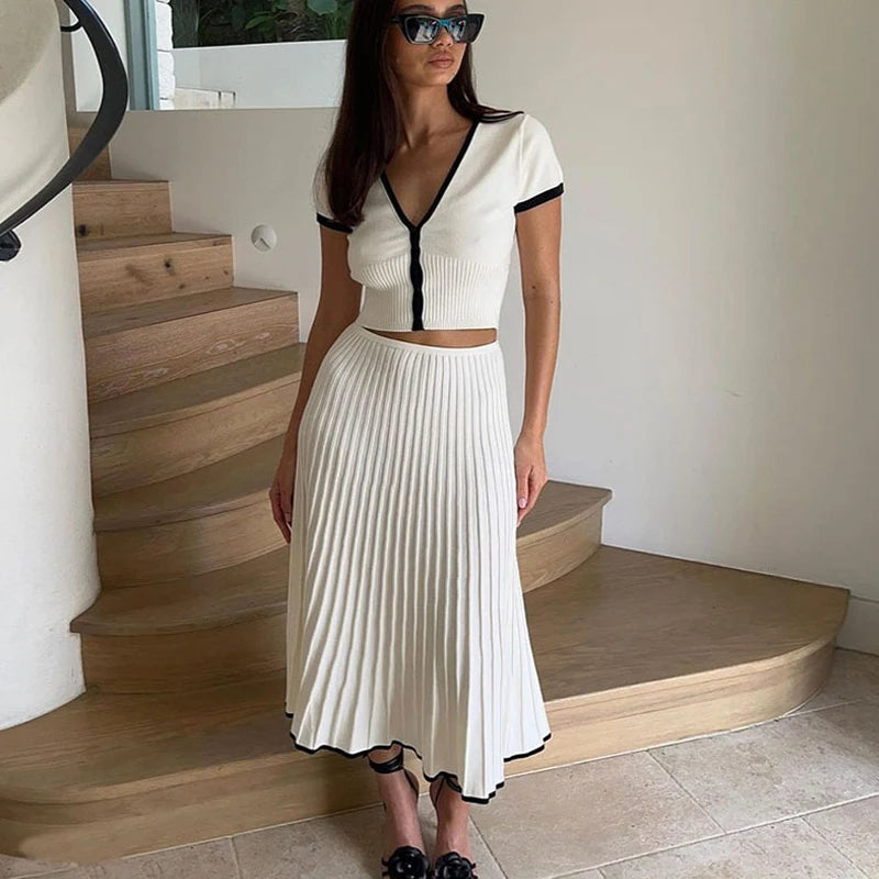 2024 Summer Women White long Skirt Suit Short Sleeve V-neck crop top pleated set elegant dress 2 piece skirt set Plus Size S-3XL - Matrix-studios.com